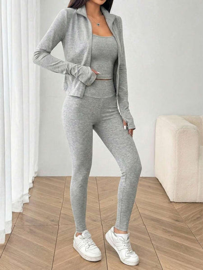SHEIN EZwear Black Knit Women Zip-Up Cardigan + Camisole + Pants 3Pcs Sportswear Casual Set Gym Workout Autumn