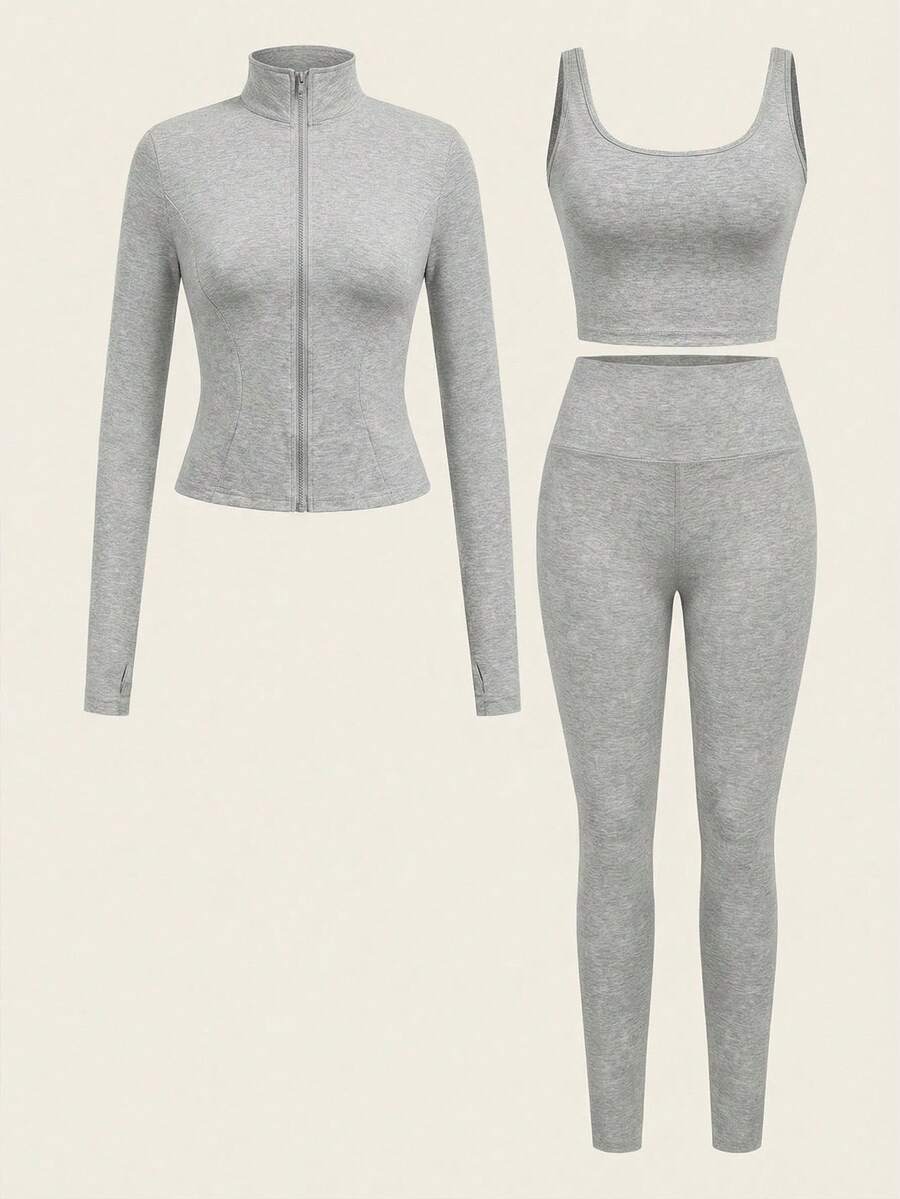 SHEIN EZwear Black Knit Women Zip-Up Cardigan + Camisole + Pants 3Pcs Sportswear Casual Set Gym Workout Autumn