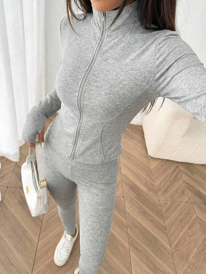 SHEIN EZwear Black Knit Women Zip-Up Cardigan + Camisole + Pants 3Pcs Sportswear Casual Set Gym Workout Autumn