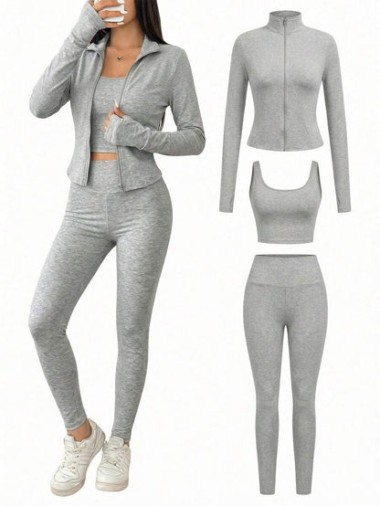 SHEIN EZwear Black Knit Women Zip-Up Cardigan + Camisole + Pants 3Pcs Sportswear Casual Set Gym Workout Autumn
