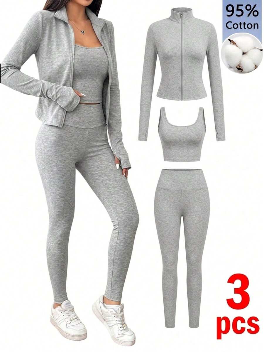 SHEIN EZwear Black Knit Women Zip-Up Cardigan + Camisole + Pants 3Pcs Sportswear Casual Set Gym Workout Autumn