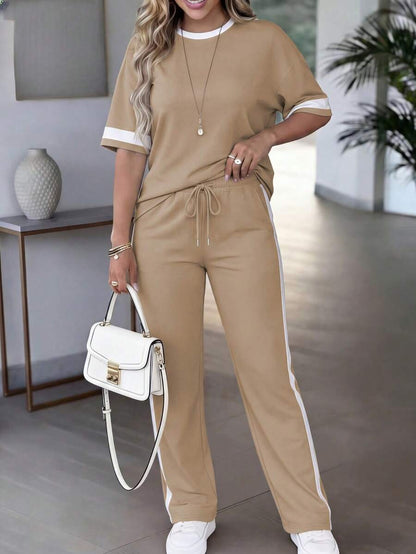 Spring/Summer Women's Casual Matching Contrast Color Round Neck Short Sleeve Top And High Waist Drawstring Straight Leg Pants 2 Pieces Set Elegant