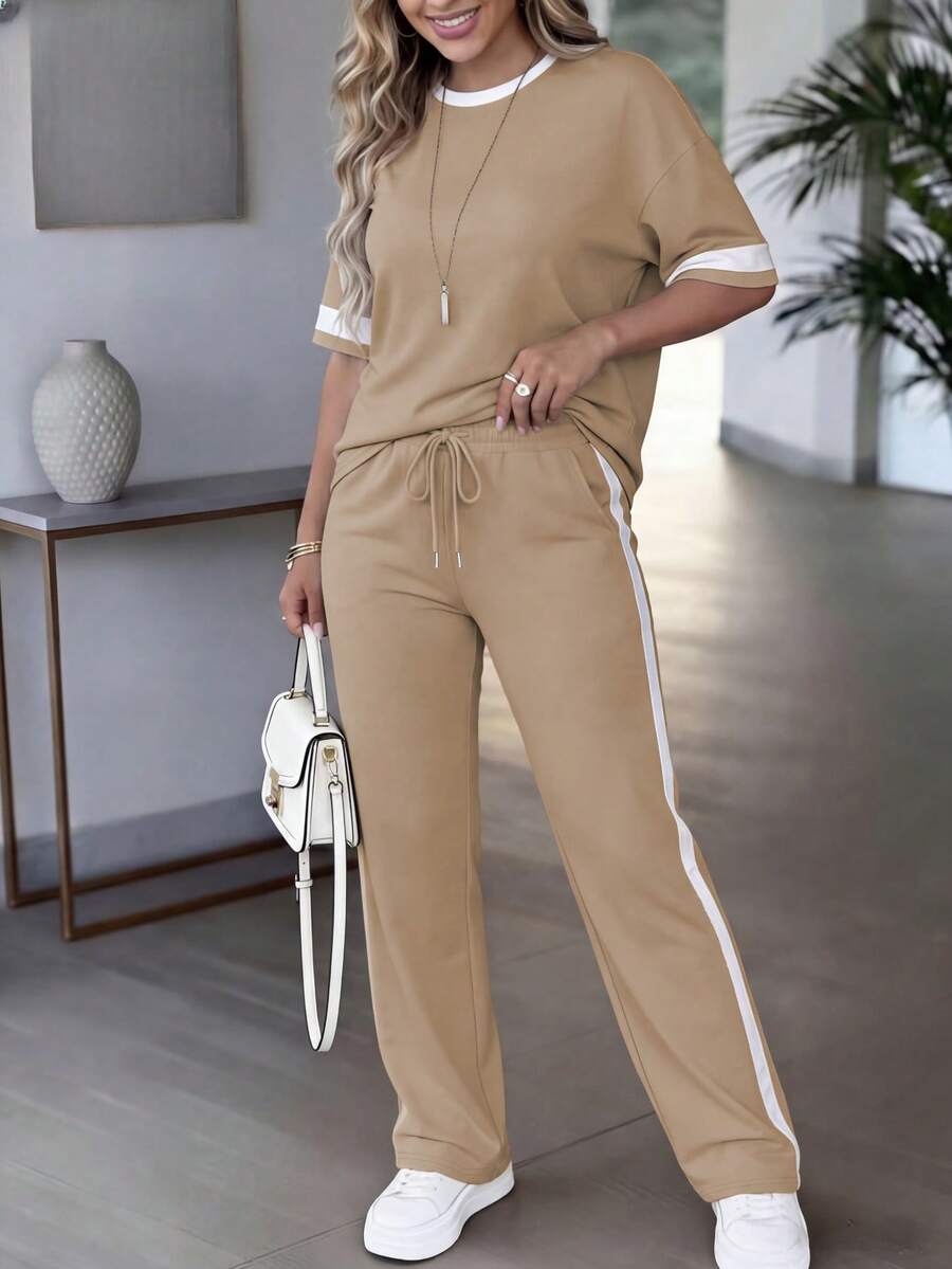 Spring/Summer Women's Casual Matching Contrast Color Round Neck Short Sleeve Top And High Waist Drawstring Straight Leg Pants 2 Pieces Set Elegant