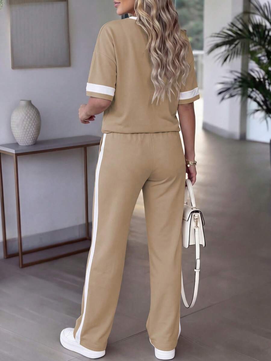 Spring/Summer Women's Casual Matching Contrast Color Round Neck Short Sleeve Top And High Waist Drawstring Straight Leg Pants 2 Pieces Set Elegant