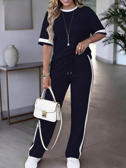 Spring/Summer Women's Casual Matching Contrast Color Round Neck Short Sleeve Top And High Waist Drawstring Straight Leg Pants 2 Pieces Set Elegant