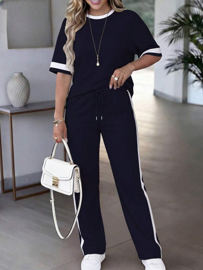 Spring/Summer Women's Casual Matching Contrast Color Round Neck Short Sleeve Top And High Waist Drawstring Straight Leg Pants 2 Pieces Set Elegant