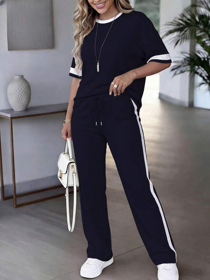 Spring/Summer Women's Casual Matching Contrast Color Round Neck Short Sleeve Top And High Waist Drawstring Straight Leg Pants 2 Pieces Set Elegant