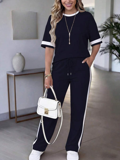 Spring/Summer Women's Casual Matching Contrast Color Round Neck Short Sleeve Top And High Waist Drawstring Straight Leg Pants 2 Pieces Set Elegant
