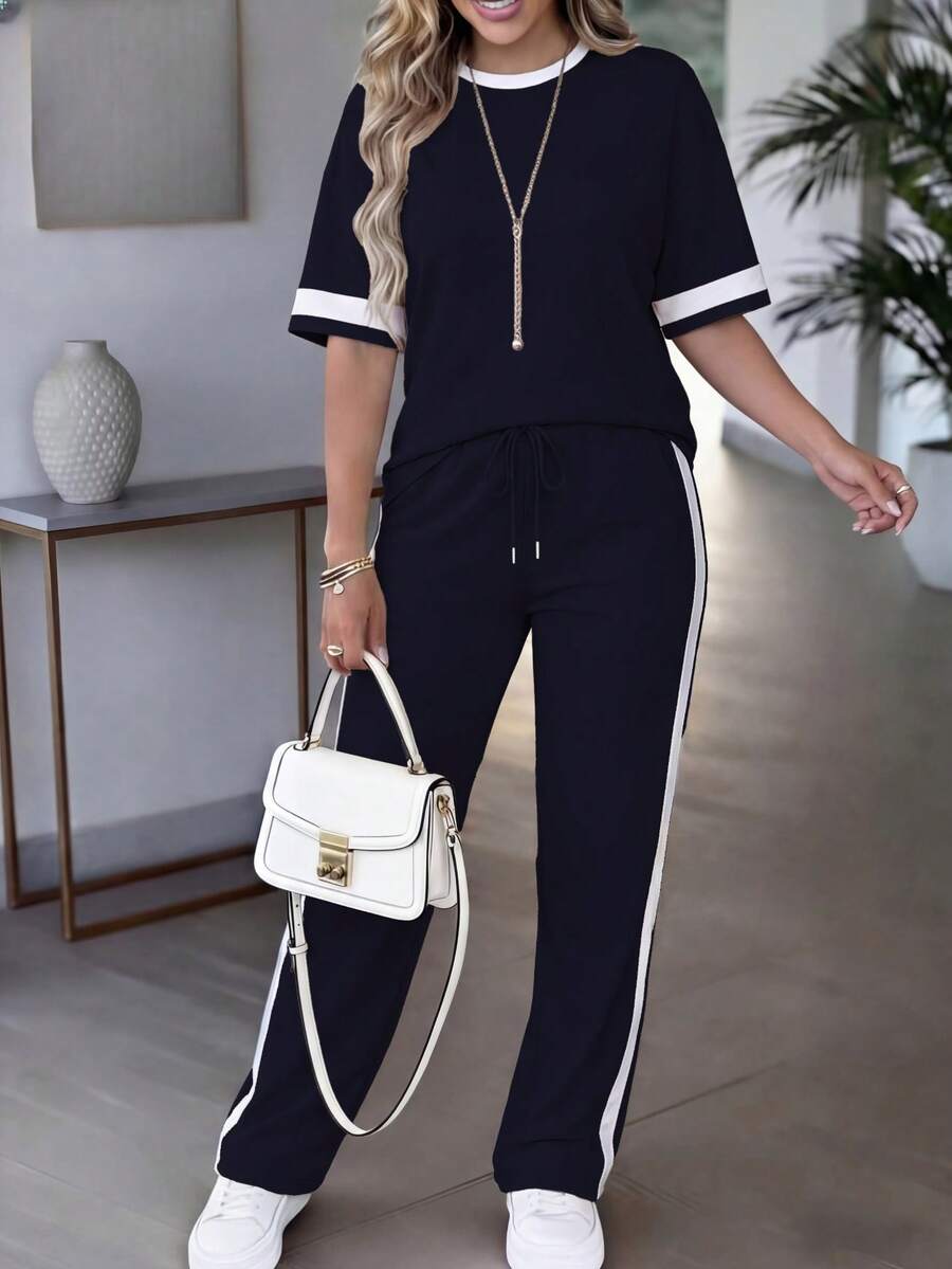 Spring/Summer Women's Casual Matching Contrast Color Round Neck Short Sleeve Top And High Waist Drawstring Straight Leg Pants 2 Pieces Set Elegant