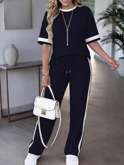 Spring/Summer Women's Casual Matching Contrast Color Round Neck Short Sleeve Top And High Waist Drawstring Straight Leg Pants 2 Pieces Set Elegant