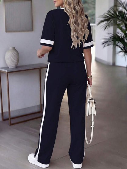 Spring/Summer Women's Casual Matching Contrast Color Round Neck Short Sleeve Top And High Waist Drawstring Straight Leg Pants 2 Pieces Set Elegant
