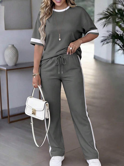 Spring/Summer Women's Casual Matching Contrast Color Round Neck Short Sleeve Top And High Waist Drawstring Straight Leg Pants 2 Pieces Set Elegant