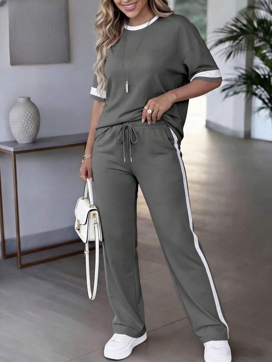 Spring/Summer Women's Casual Matching Contrast Color Round Neck Short Sleeve Top And High Waist Drawstring Straight Leg Pants 2 Pieces Set Elegant