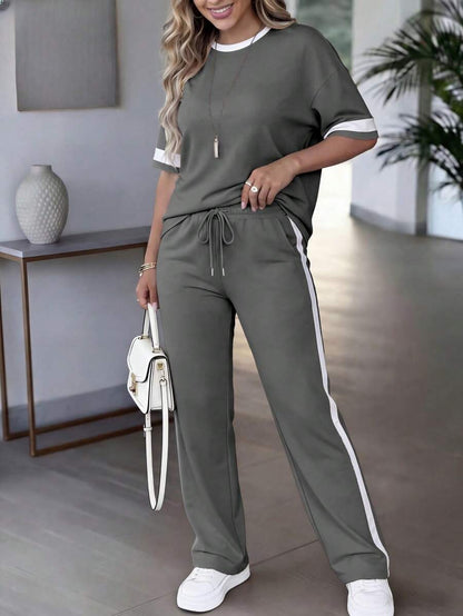 Spring/Summer Women's Casual Matching Contrast Color Round Neck Short Sleeve Top And High Waist Drawstring Straight Leg Pants 2 Pieces Set Elegant