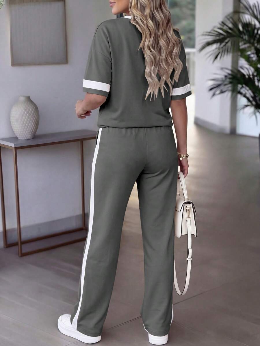 Spring/Summer Women's Casual Matching Contrast Color Round Neck Short Sleeve Top And High Waist Drawstring Straight Leg Pants 2 Pieces Set Elegant