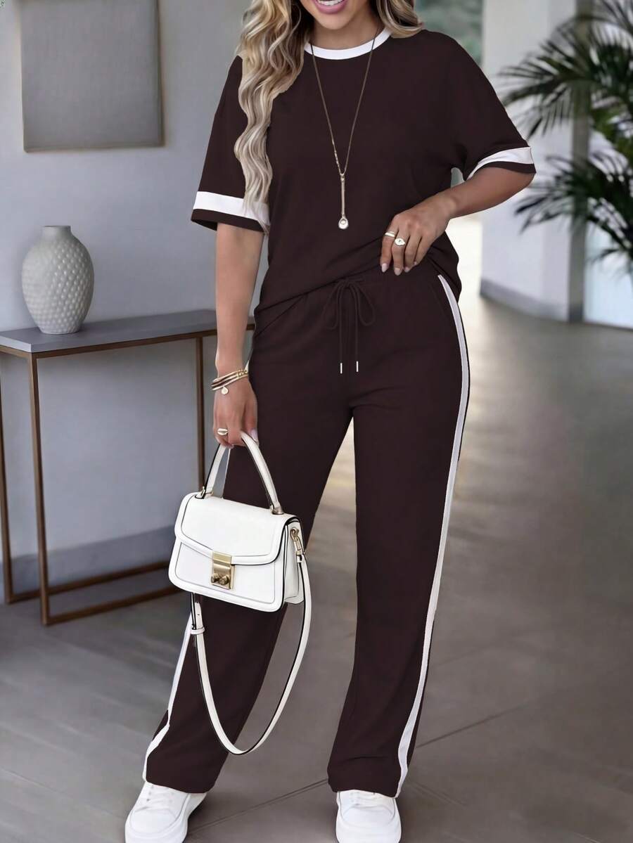 Spring/Summer Women's Casual Matching Contrast Color Round Neck Short Sleeve Top And High Waist Drawstring Straight Leg Pants 2 Pieces Set Elegant