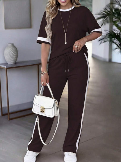 Spring/Summer Women's Casual Matching Contrast Color Round Neck Short Sleeve Top And High Waist Drawstring Straight Leg Pants 2 Pieces Set Elegant