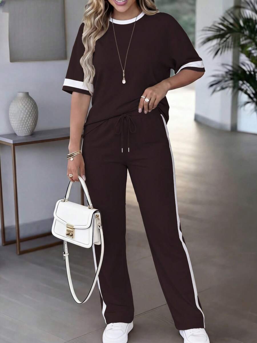 Spring/Summer Women's Casual Matching Contrast Color Round Neck Short Sleeve Top And High Waist Drawstring Straight Leg Pants 2 Pieces Set Elegant
