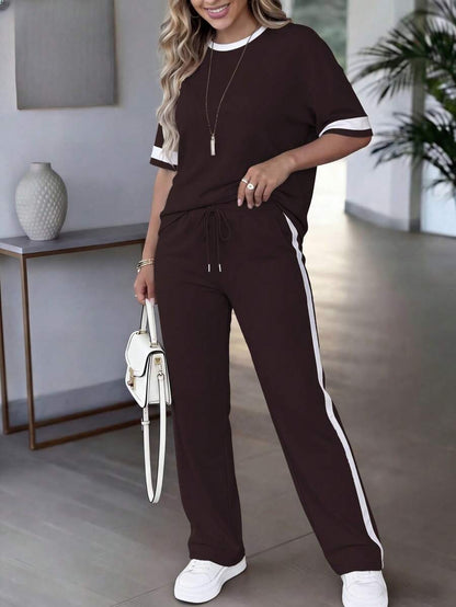 Spring/Summer Women's Casual Matching Contrast Color Round Neck Short Sleeve Top And High Waist Drawstring Straight Leg Pants 2 Pieces Set Elegant