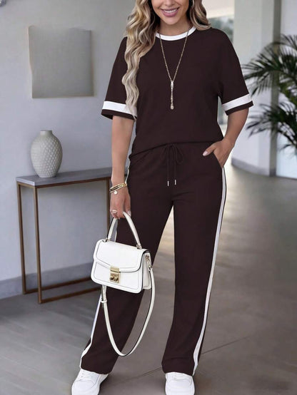 Spring/Summer Women's Casual Matching Contrast Color Round Neck Short Sleeve Top And High Waist Drawstring Straight Leg Pants 2 Pieces Set Elegant