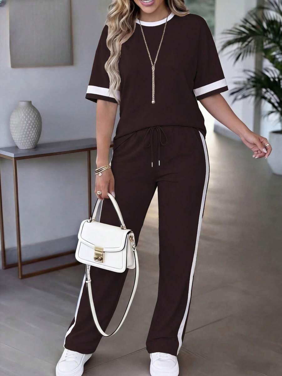 Spring/Summer Women's Casual Matching Contrast Color Round Neck Short Sleeve Top And High Waist Drawstring Straight Leg Pants 2 Pieces Set Elegant