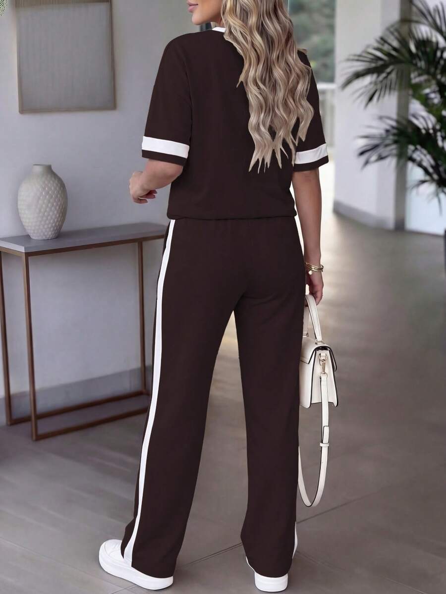 Spring/Summer Women's Casual Matching Contrast Color Round Neck Short Sleeve Top And High Waist Drawstring Straight Leg Pants 2 Pieces Set Elegant