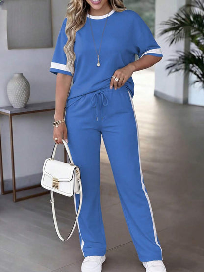 Spring/Summer Women's Casual Matching Contrast Color Round Neck Short Sleeve Top And High Waist Drawstring Straight Leg Pants 2 Pieces Set Elegant
