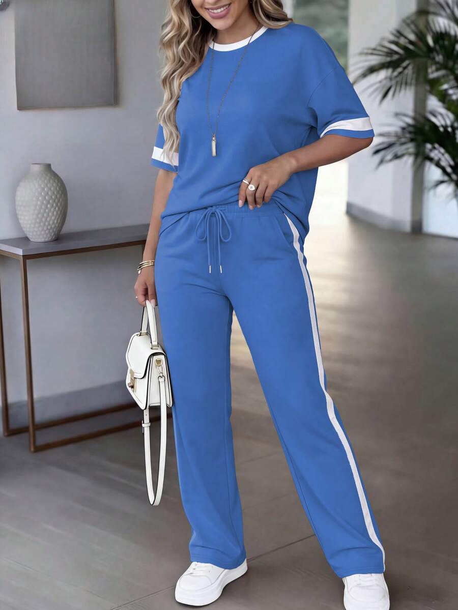 Spring/Summer Women's Casual Matching Contrast Color Round Neck Short Sleeve Top And High Waist Drawstring Straight Leg Pants 2 Pieces Set Elegant