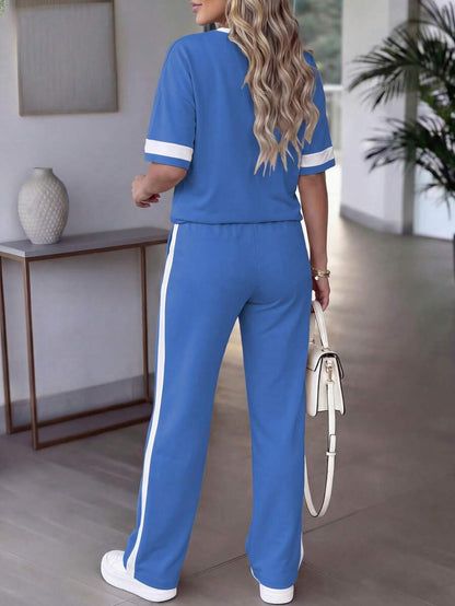 Spring/Summer Women's Casual Matching Contrast Color Round Neck Short Sleeve Top And High Waist Drawstring Straight Leg Pants 2 Pieces Set Elegant
