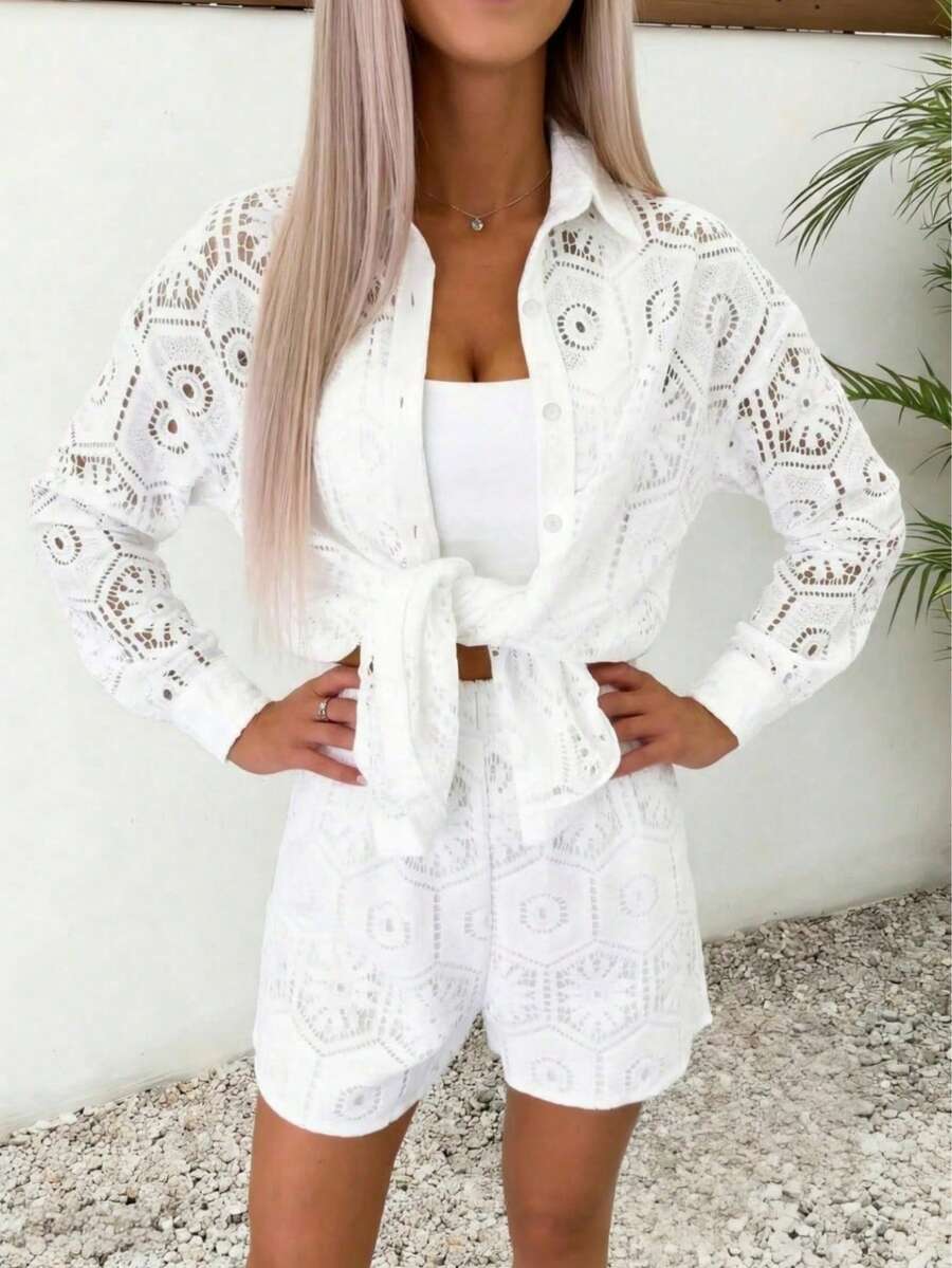 2pcs/Set Women's Casual Vacation White Lace Outfit, Long Sleeve Hollow Loose Top Paired With Elastic Waist Shorts, Elegant Beach Cover-Up Summer, Resort Wear