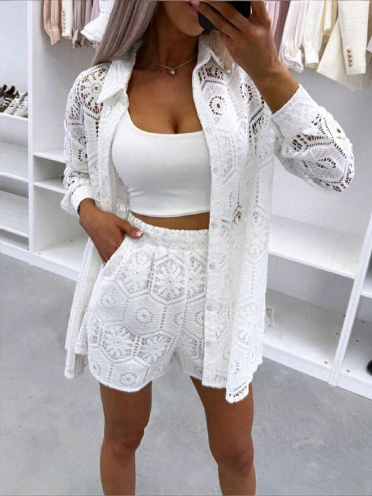 2pcs/Set Women's Casual Vacation White Lace Outfit, Long Sleeve Hollow Loose Top Paired With Elastic Waist Shorts, Elegant Beach Cover-Up Summer, Resort Wear