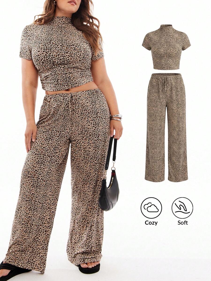 SHEIN EZwear Plus Size Retro Ruched Leopard Print Pants And T-Shirt Set