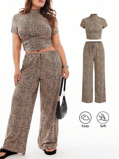 SHEIN EZwear Plus Size Retro Ruched Leopard Print Pants And T-Shirt Set