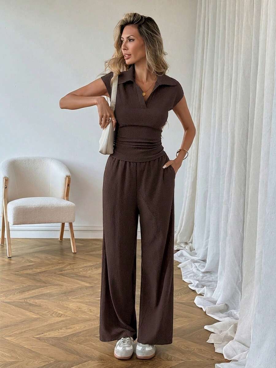 Easowa Women's Casual Polo Collar Short Sleeve Top And Pants 2 Pieces Set,Summer Outfits For Women Brunch Dark Brown Brunch