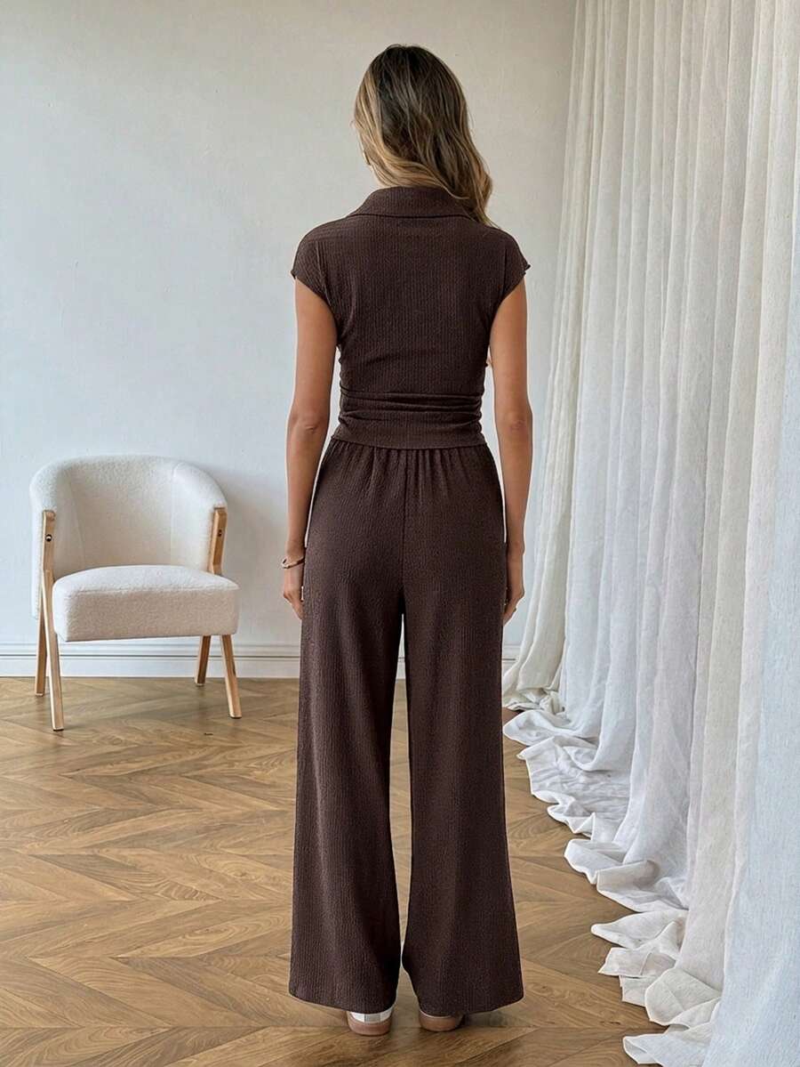 Easowa Women's Casual Polo Collar Short Sleeve Top And Pants 2 Pieces Set,Summer Outfits For Women Brunch Dark Brown Brunch