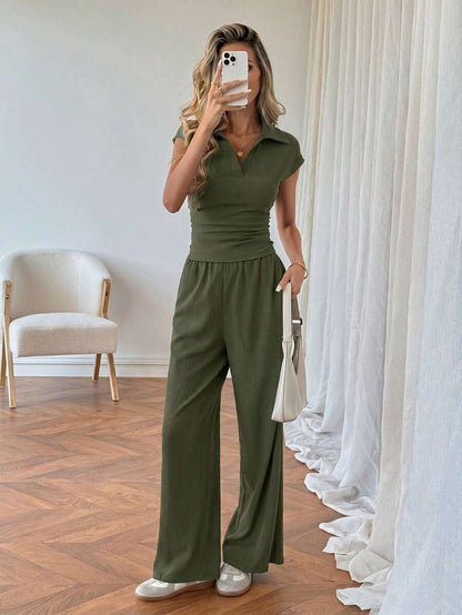 Easowa Women's Casual Polo Collar Short Sleeve Top And Pants 2 Pieces Set,Summer Outfits For Women Brunch Dark Brown Brunch
