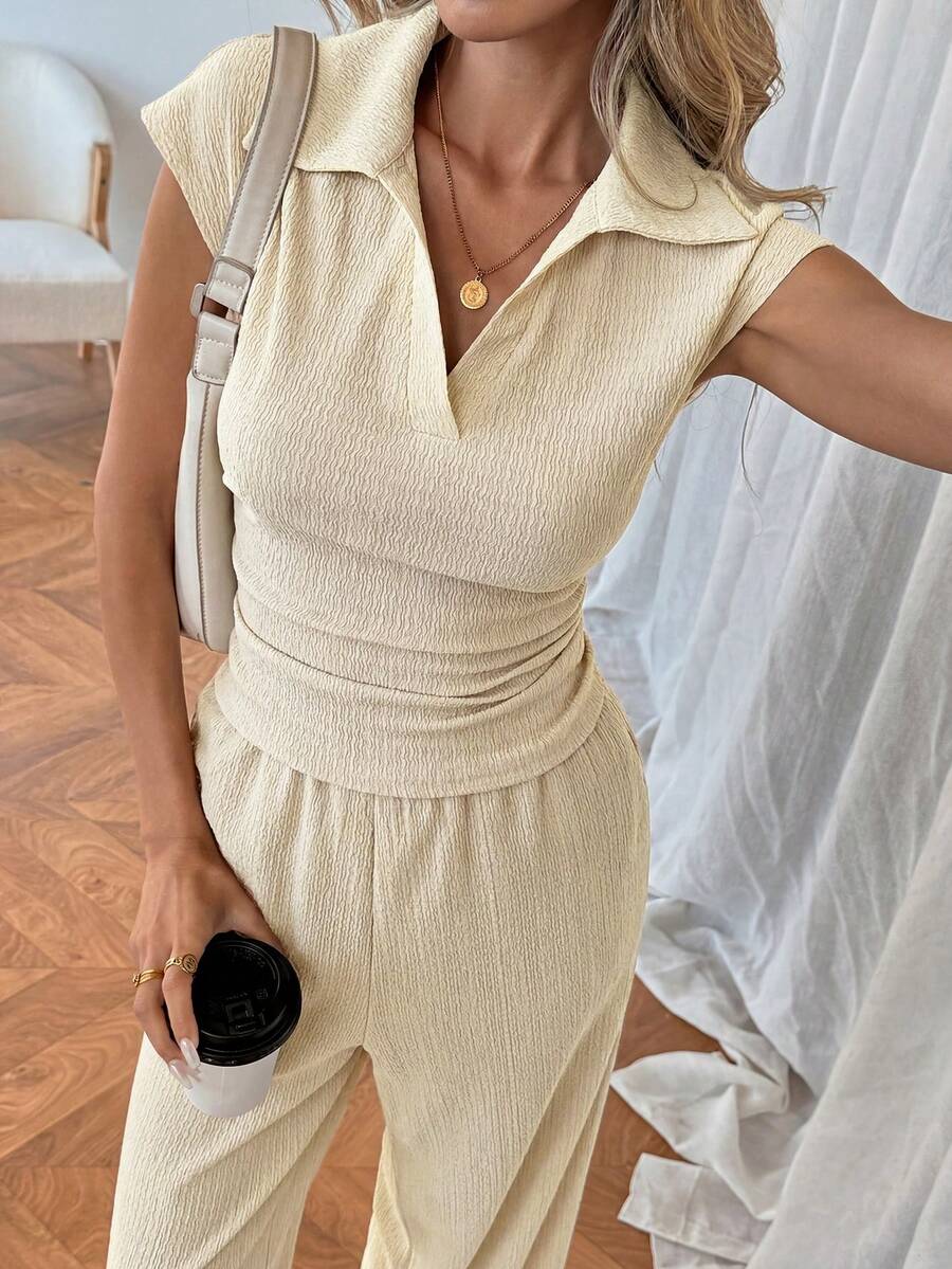 Easowa Women's Casual Polo Collar Short Sleeve Top And Pants 2 Pieces Set,Summer Outfits For Women Brunch Dark Brown Brunch