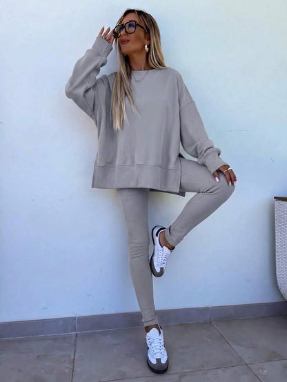 SHEIN LUNE Women's Solid Color Round Neck Drop Shoulder Long Sleeve Cardigan, Versatile 2 Pieces Set