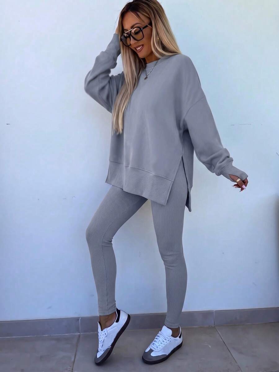 SHEIN LUNE Women's Solid Color Round Neck Drop Shoulder Long Sleeve Cardigan, Versatile 2 Pieces Set
