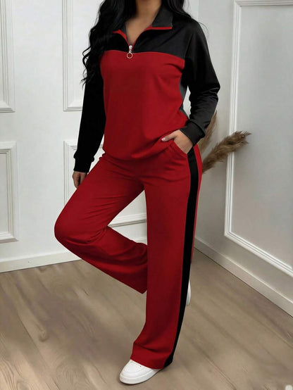 Women's Casual Set, Collared Loose Top And Wide Leg Pants 2 Pieces Outfit, Autumn/Winter Spring Elegant