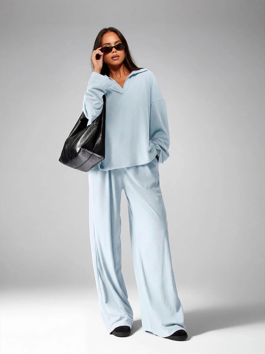 MISSGUIDED Soft Touch Co-Ord Set Matching V-Neck Top Wide Leg Pants Comfortable Loungewear