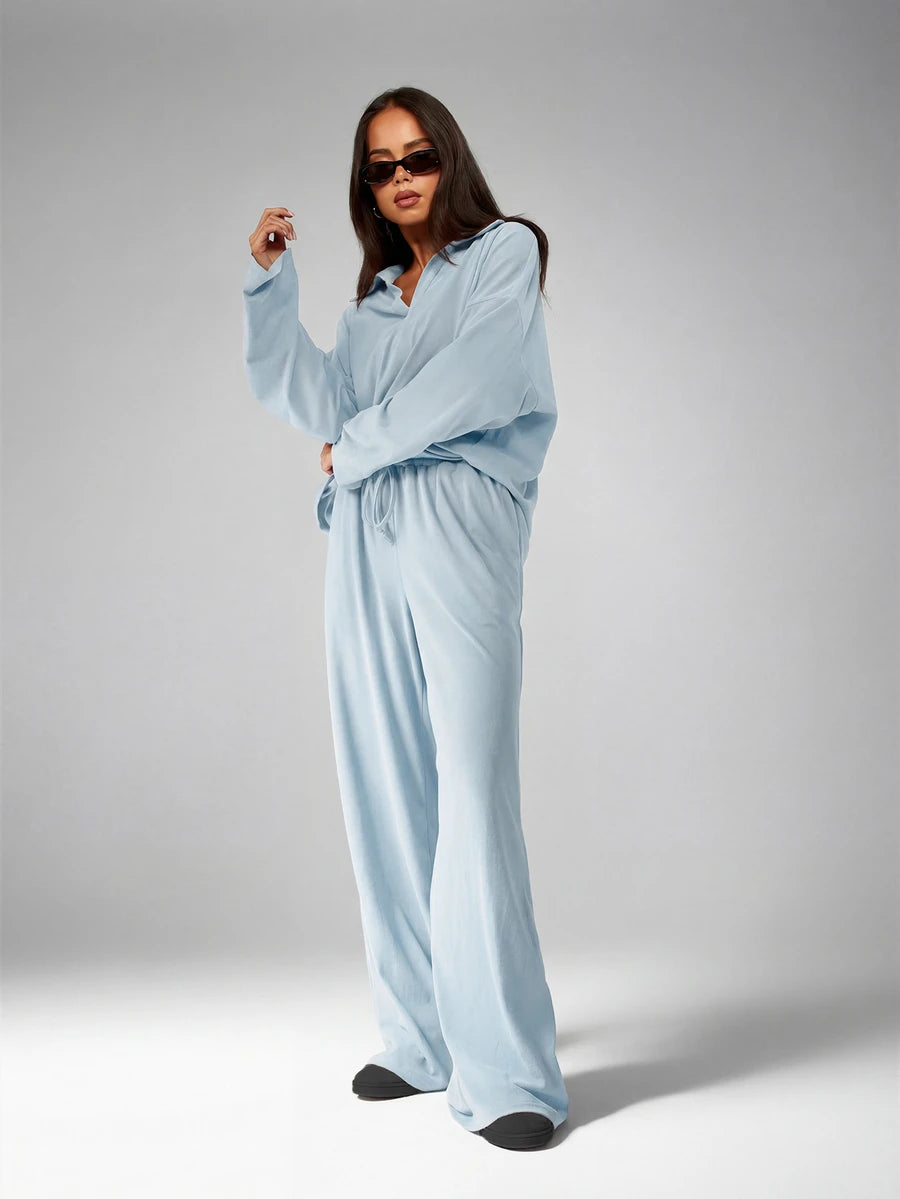 MISSGUIDED Soft Touch Co-Ord Set Matching V-Neck Top Wide Leg Pants Comfortable Loungewear