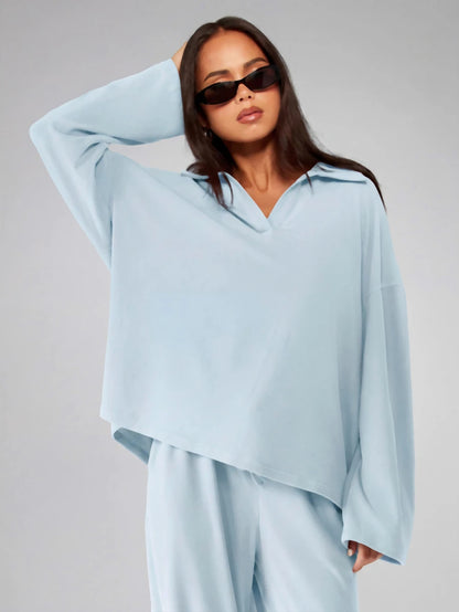 MISSGUIDED Soft Touch Co-Ord Set Matching V-Neck Top Wide Leg Pants Comfortable Loungewear