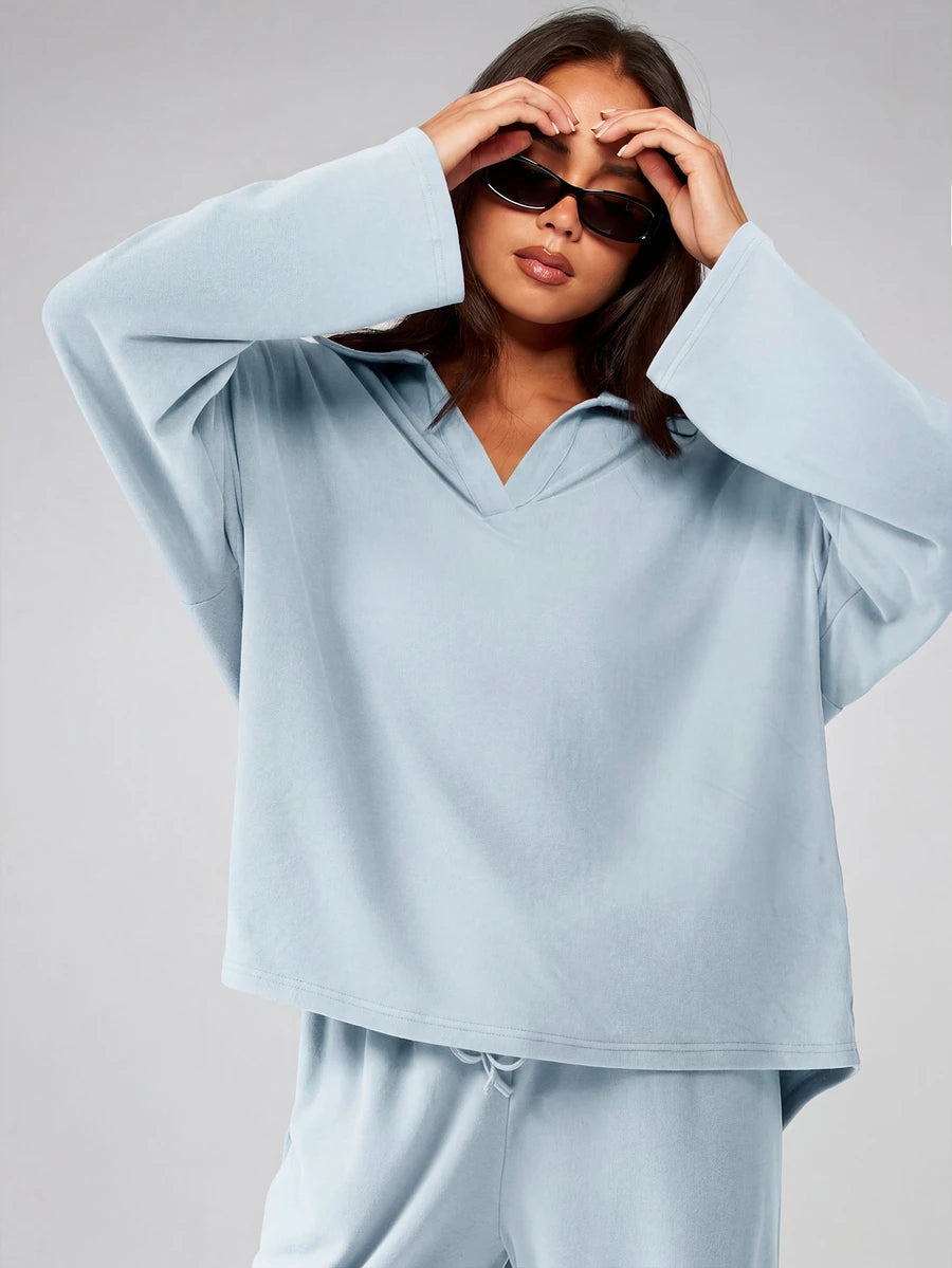 MISSGUIDED Soft Touch Co-Ord Set Matching V-Neck Top Wide Leg Pants Comfortable Loungewear