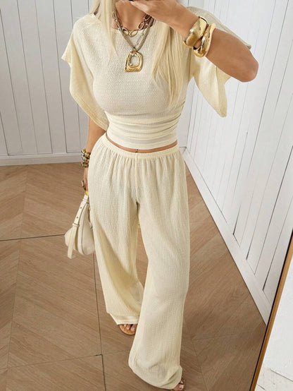 SHEIN EZwear Women's Solid Color Pleated Top And Elastic Waist Long Pants Casual Daily Set Brunch Dark Brown Summer