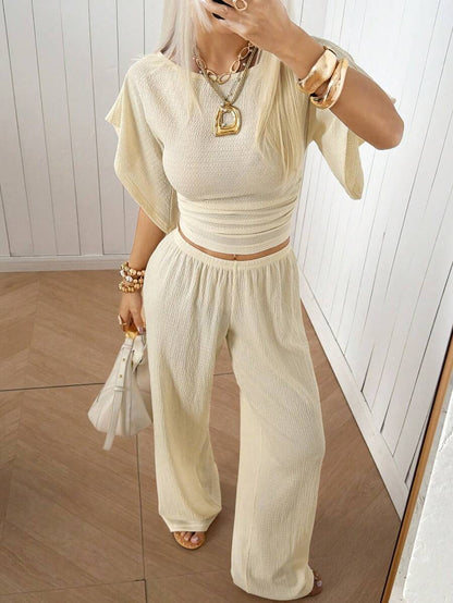 SHEIN EZwear Women's Solid Color Pleated Top And Elastic Waist Long Pants Casual Daily Set Brunch Dark Brown Summer