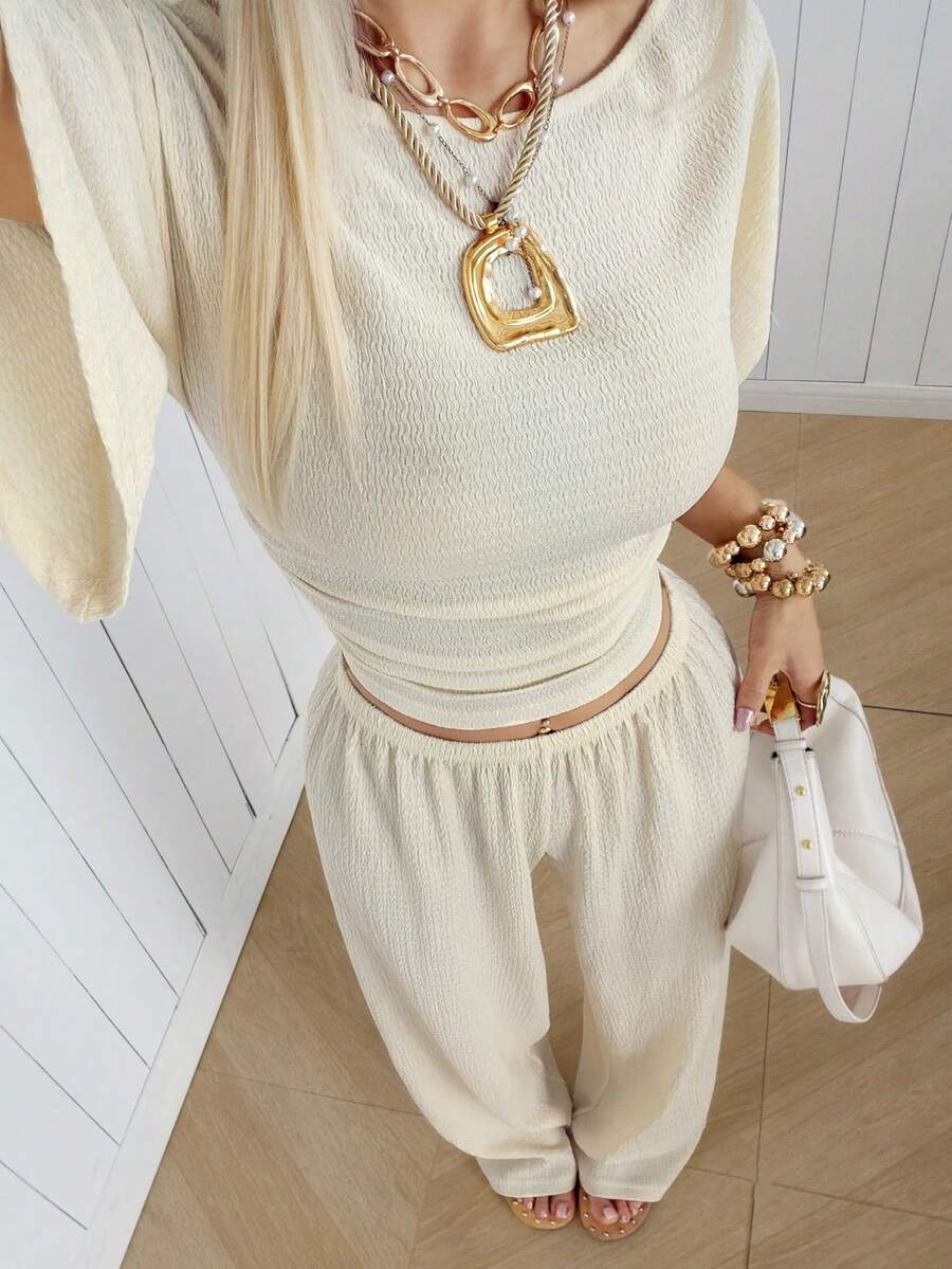 SHEIN EZwear Women's Solid Color Pleated Top And Elastic Waist Long Pants Casual Daily Set Brunch Dark Brown Summer