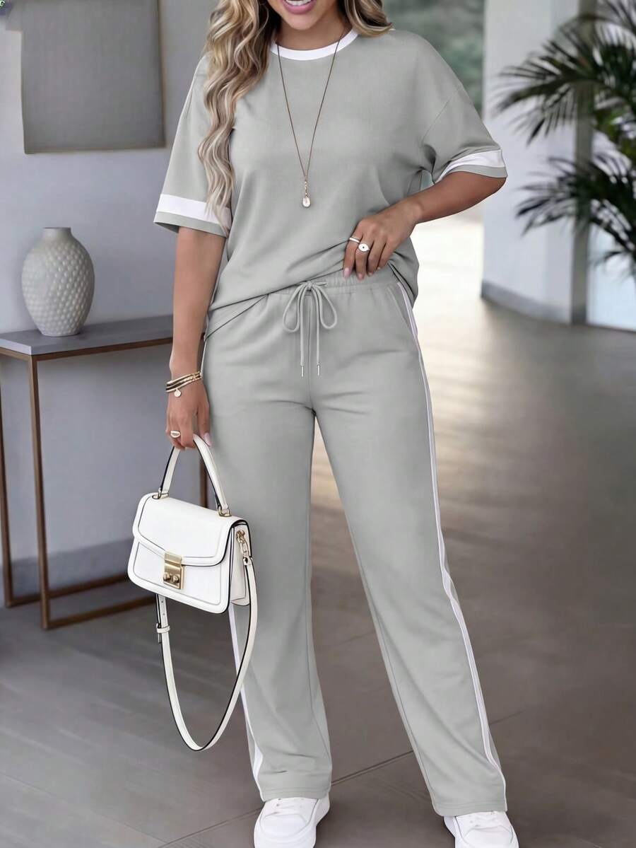 Spring/Summer Women's Casual Matching Contrast Color Round Neck Short Sleeve Top And High Waist Drawstring Straight Leg Pants 2 Pieces Set Elegant