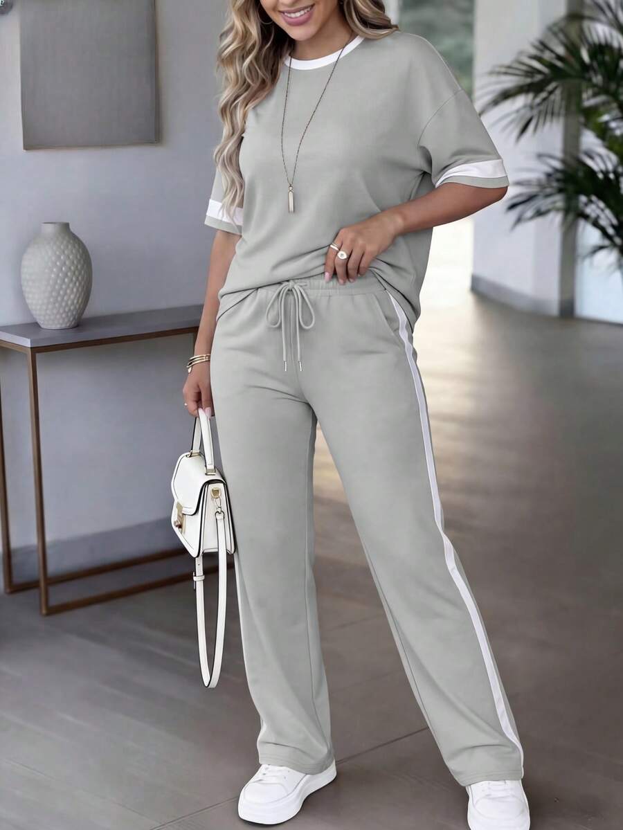 Spring/Summer Women's Casual Matching Contrast Color Round Neck Short Sleeve Top And High Waist Drawstring Straight Leg Pants 2 Pieces Set Elegant