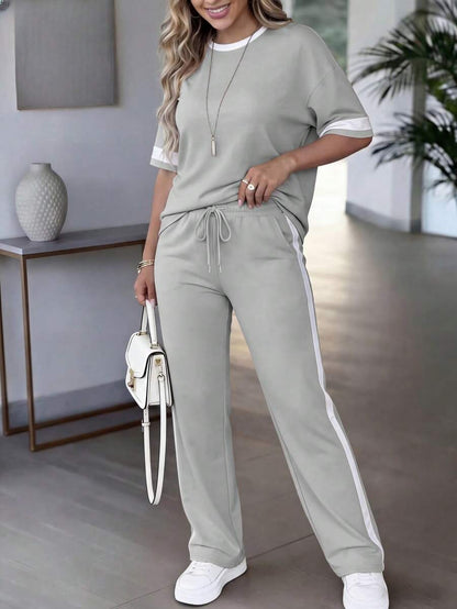 Spring/Summer Women's Casual Matching Contrast Color Round Neck Short Sleeve Top And High Waist Drawstring Straight Leg Pants 2 Pieces Set Elegant